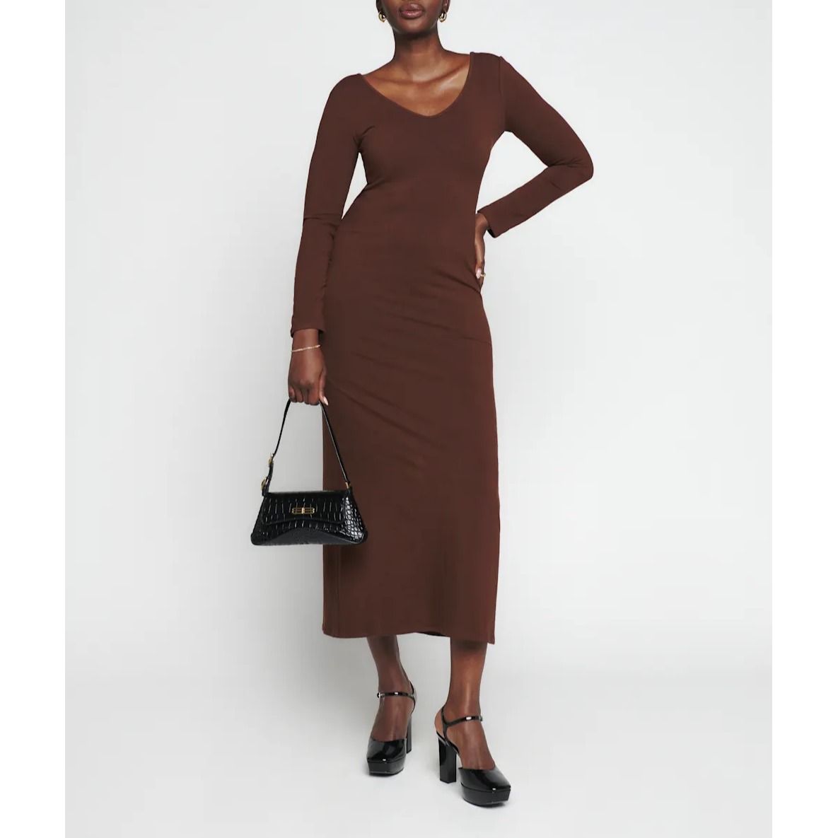Reformation Maxi Dress Xs Brown Long Sleeve Organic Cotton Capsule Minimalist